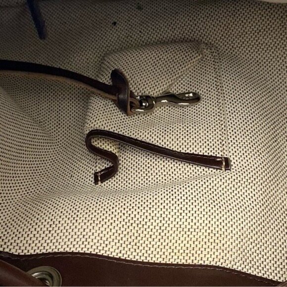 Vintage Dooney & Bourke Leather Drawstring Bucket Bag in Bone color Brown Trim a - Picture 10 of 15